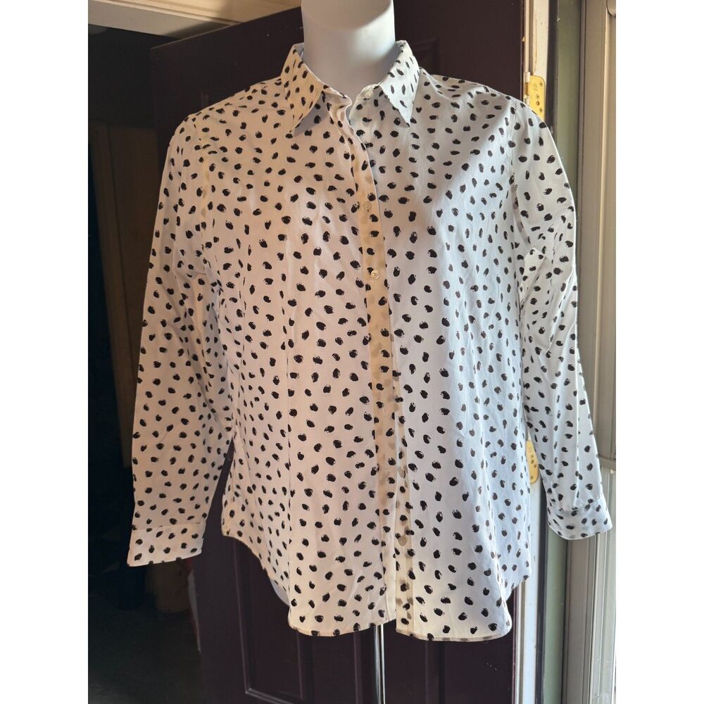 Lands’ End Women’s 18 No Iron Supima White Black Dot Print Button Down Shirt